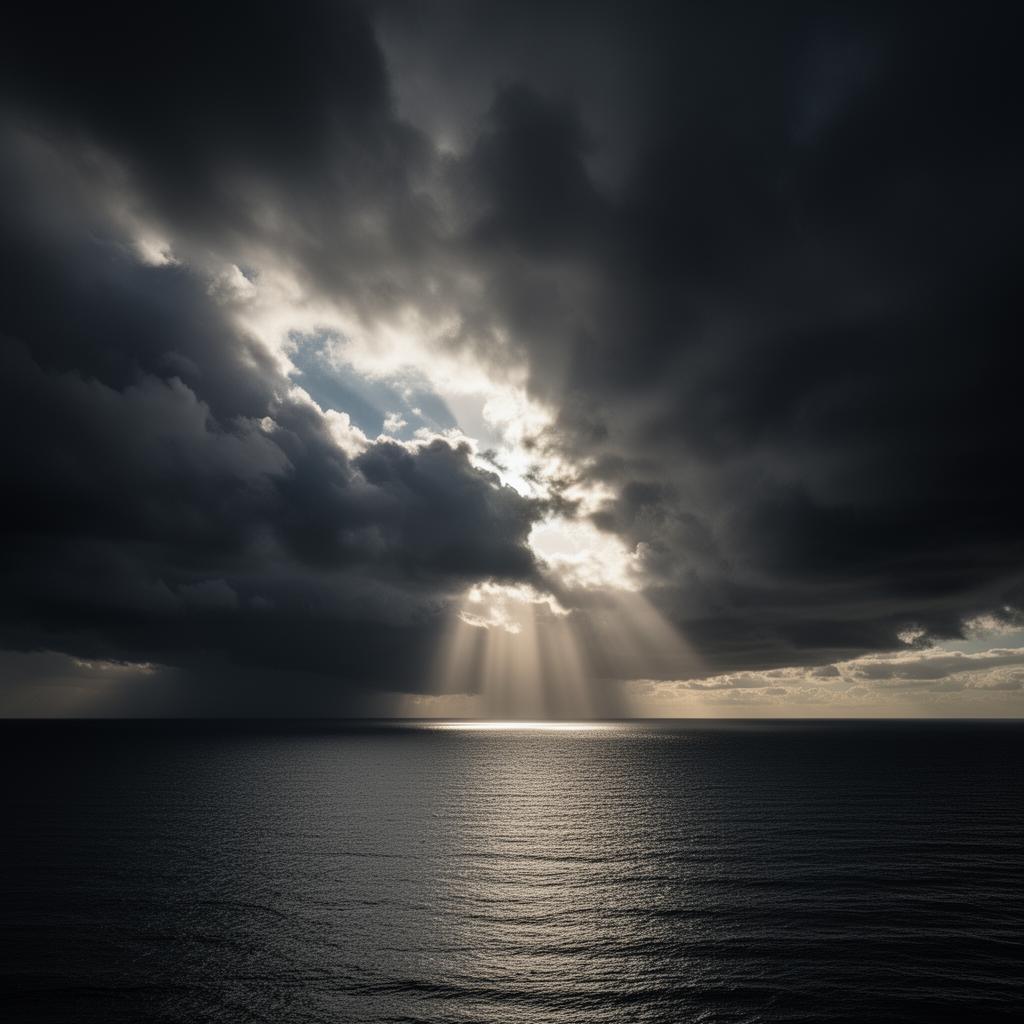 Sunlight breaking through dark storm clouds over a calm sea, representing hope and perseverance with MS