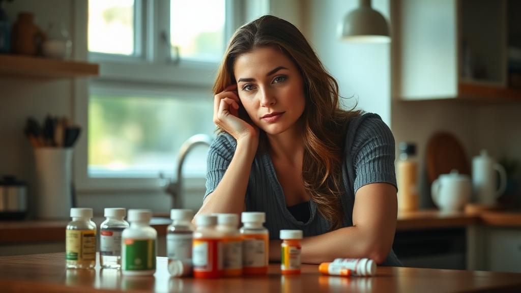 Woman looking tired, holding a pill bottle
